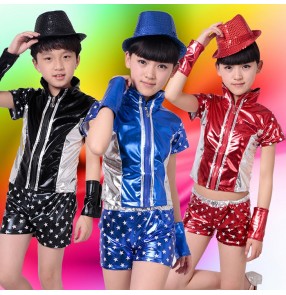 Black red  royal blue  star printed pu leather boys girls kids child children jazz kindergarten baby modern dance stage performance t show school play dance costumes clothes outfits 